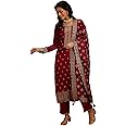 Libas Fuchsia Embroidered Silk Blend Straight Kurta With Trousers & Dupatta