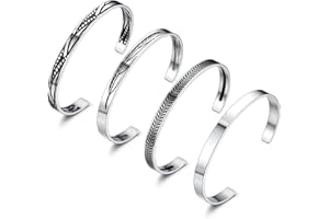 JeweBella Zestaw 4 bransoletek dla mężczyzn i kobiet ze stali nierdzewnej vintage otwarta bransoletka z siatki zestaw do układania w stos liść pióro bransoletka biżuteria prezent