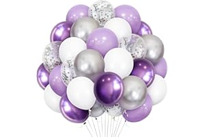 EITOLO Metallic Purple Silver Balloons, 30 Pack 12 Inch Pastel Purple White Metallic Purple Silver Confetti Helium Latex Balloons for Queen Birthday Party Baby Shower Wedding Bachelorette Decorations