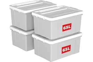 Cetomo 65L*4 Scatole di Stoccaggio in Plastica, Scatole Portaoggetti con Coperchio, Organizzatore con Ruote, Contenitori per Casa e Ufficio, Impilabile, Resistente, Grigio, 65L - Confezione da 4