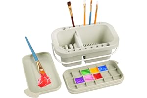 JULIYEH Paint Brush Washer Pot Multifunctional Paint Brush Cleaner Pot Plastic Artist Paint Brush Washing Bucket with Lid Palette and 16 Hole Brush Holder for Oil Acrylic Watercolors Painting Gray