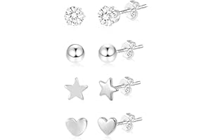 ASH'S CHOICE 4 Pairs Studs Earrings Set 925 Sterling Silver Small Studs Earrings Silver Multipack Cartilage Piercing Earrings Tiny Mini Zircon Stars Ball Heart Pearl Studs Earrings for Women