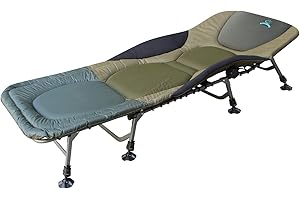 KMS CARPZILLA Outdoor Portable Carp Fishing Bed Chair Bedchair Camping 600D Oxford Heavy Duty 8 Adjustable Legs Pillow Dark Green FB-022