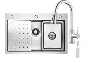 CECIPA Spülbecken 70 x 45 CM mit Wasserhahn Ausziehbar, Edelstahl Küchenspüle inkl. Seifenspender und Siphon, Spüle inkl. Ersatz-Innenspüle und Schneidebrett, Spüle Küche mit Armatur