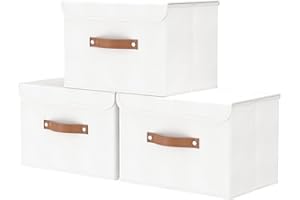 OUTBROS Set of 3, Storage Boxes with Lids, 45 x 30 x 30 cm, Foldable Fabric Boxes, Storage Baskets, Organiser for Toys, Clothes, Books, White, ST02WL3