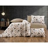 L&uuml;ks%80 Pamuklu &Ccedil;ift Kişilik Nevresim Takımı Seti Yorgan Kılıfı Krem Yaprak Desen 200x220 cm + Lastikli Battal Boy &Ccedil;arşaf 180