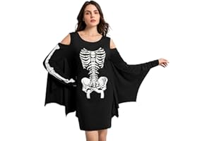 Glimnerize Halloween Dress Women Bat Wing Cold Shoulder Costume Long Sleeve Skeleton Print Ghost Motiv Dress S-XXL