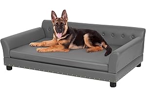 BingoPaw Luksusowa sofa dla dużych psów: XXL kanapa dla psów z oddychającej, wodoodpornej skóry, Mordern sofa dla zwierząt domowych z oparciem, ortopedyczna poduszka dla psa i drewniane nogi, szara