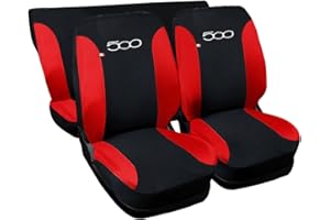 Rebeca Shop 500_Hybrid- Copri-sedili Auto Compatibili 500 Hybrid 2021 | Set Coprisedili Anteriori e Posteriori | Logo Ricamato | Airbag Compatibili | Accessori Interni (Nero/Rosso)