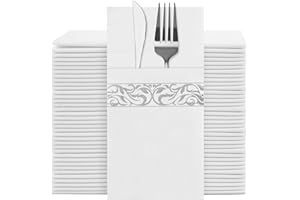 YIDUHAO Disposable Linen Feel Napkins, Built-in Flatware Pocket, Decorative Wedding Napkins with Silver Stripe Print, Folded Party Napkin, Soft, Strong, Absorbent, and Pre-Folded,Pack of 50