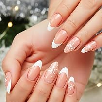 Künstliche Fingernägel – Weihnachtsmandel-Form, Französisch, Glitzer, Schneeflocke, Kastanienbraun, 24 Stück Mit Nagelgelee-Aufklebern, Acryl, Ballerina-Form