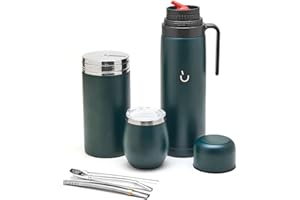 balibetov Kit de Mate Argentino - Calabaza Mate Moderna, Termo Mate, Contenedor para Yerba Mate (Yerbero), Bombilla (Sorbete) y Cepillo de limpieza - Acero inoxidable 304 18/8 (Verde)