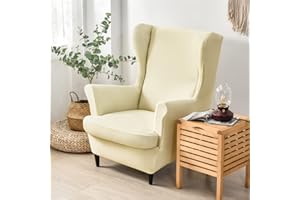 Highdi 2 Pezzi Copripoltrona con Orecchie Elasticizzato, Copridivano da 1 Posto con Fodera per Cuscino, Lavabile Rimovibile per Bar Soggiorno Camera da Letto (Bianco Crema,Copripoltrona)