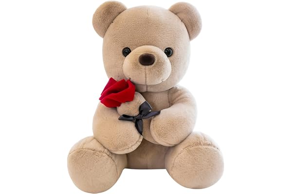 Ours en peluche avec rose, mignon jouet en peluche, cadeau pour enfants, garçons, filles, anniversaire, Noël, Saint Valentin (23 cm, marron)