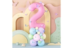 BALLOON DANCE Pink 2 Balloon 2nd Birthday Decorations for Girls, 40 Inch Pink Number 2 Foil Balloon with Butterfly stickers Pastel Balloons for Girls 2 Year Birthday Party Decoration Baby Shower