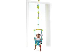 Bright Starts, Saltador de Puerta y Columpio Interior Bounce 'n Spring Deluxe con 4 juguetes de actividad, correa ajustable, asiento lavable, a partir de 6 meses