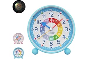 CEWROM Comodino Analogica Sveglia per Ragazzi Ragazze, Sveglia Educativa per Bambini Senza Ticchettio, Sveglia a Pressione con Luce Notturna Orologio da Comodino Bambini per l'apprendimento(Blu)