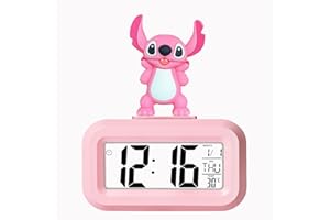 HOAQPPOY Stitch Despertador Digital Infantil, Stitch Regalos Reloj Despertador, Lilo y Stitch, Cosas de Stitch,Stitch Inteligente Reloj Despertador con Repetición de Datos de Temperatura(Rosado)