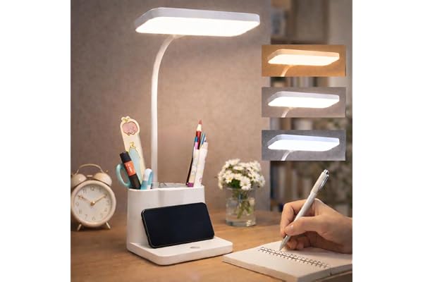 One94Store 3-in-1 LED Desk Lamp with Pen & Phone Holder – USB Rechargeable Study Lamp with Touch Sensor, 3 Light Modes, Eye P