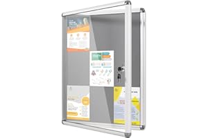MAKELLO Lockable Noticeboard 980x720mm, Display Pinboard Case for Office School Home Store Community Centre, Grey Felt, Aluminum Frame, 9xA4