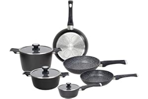 Tognana Sphera, Batteria di pentole e padelle, Set con 3 padelle, 2 casseruole, 1 pentola, 3 coperchi in vetro, 9 Pezzi, Alluminio, Nero