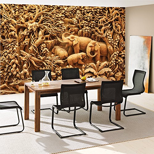 Vlies Fototapete 416x254cm PREMIUM PLUS Wand Foto Tapete Wand Bild Vliestapete – Kunst Tapete Elefanten Affen Palmen Dschungel beige – no. 2289 - 7