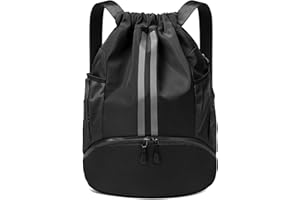 GIEEU Drawstring Gym Bag,Waterproof Backpack,Sports Bag with Shoe Compartment,Large Oxford PE Bag for Swimming,Soccer and Basketball(Black)
