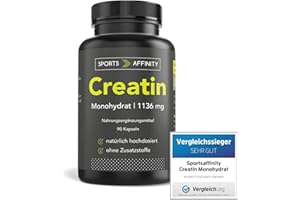 ‎SPORTS AFFINITY Sports Affinity® Creatin Monohydrat Kapseln, 3408 mg Kreatin pro Tagesdosis - Optimal Hochdosiert - Geschmacksneutral - Ohne Zusatzstoffe - Made in Germany - 90 Kapseln für 1 Monat