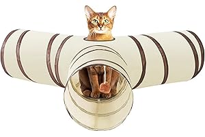WUMEIJIAJU Cat Tunnel Toy, 3-Way Collapsible Tube with Toy Ball, Interactive Cat Tunnel for Indoor Cats, Puppies, Kittens, Rabbits, Small Pets (Beige)