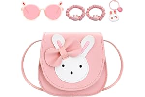 wimony Girls Handbag Set,Cute Rabbit Girls' Shoulder Bags with Adjustable Strap,Cartoon Bunny Children's Hair Rope and Kids Sunglasses with Rabbit Ears,Rabbit keychain,Suitable for Toddler Handbag