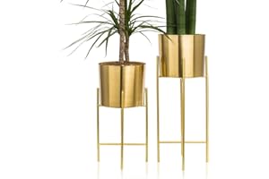 Kimisty Set 2 Modern Mid Century Brass Gold Planters with Stand, 7 Inch Large Planter Pots with Metal Stands, Flower Pot Living Room Decor for Orchid, Aloe, Large Cactus Plants, 16 and 20 Inch Tall