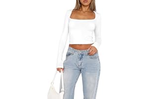 OOHOKAY Langarmshirt Damen U-Ausschnitt Basic Oberteile Y2K Slim Fit Tshirt Crop Tops Lässige Streetwear