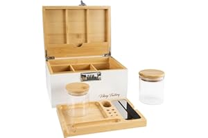 Viking Factory Decorative Box Set with Combination Lock - Premium Large Bamboo Storage Box Removable Tray Brush, Wooden Storage with All Accessories (White)