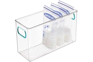 mDesign Caja de almacenaje para alimentos infantiles – Organizador de cocina con asas – Prácticos cajones de plástico sin BPA para bolsas de leche materna – transparente y azul