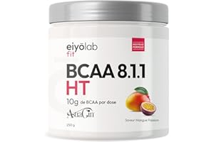 BCAA 8.1.1 | Acides Aminés en Poudre | 8g de Leucine + 1g de Citrulline & AstraGin® | Construction et Récupération Musculaire | Efficace Contre l’Acide Lactique | Mangue Passion 250g | Eiyolab