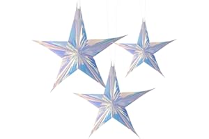 Amosfun Christmas Iridescent Star Shape Foil Ceiling Hanging Flowers Ball Craft Hanging Decoration for Christmas Birthday Wedding 12 Inch 16 Inch 24 Inch