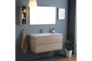 Kiamami Valentina - Mobile bagno sospeso 100cm con 2 cassetti quercia naturale, lavabo e specchio 100x60