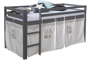 ‎HOMESTYLE4U Homestyle4u 1875, Hochbett 90x200 Kinder Kinderbett 90x200 mit Rausfallschutz Treppe Bettgestell Kiefer Holz Vorhang Grau Sterne