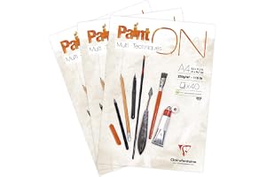 Clairefontaine 96537AMZC - Un lot de 3 blocs encollés de papier dessin Paint'On 40 feuilles 21x29,7 cm 250g, Blanc
