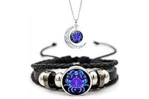 OVERHIL1S Spirilet-Armband, Sternzeichen-Manifestation, Sternzeichen-Geist-Armband, mehrschichtiges, verstellbares Lederarmband mit 12 Sternbildern und Mond-Anhänger-Halskette for Männer, Frauen, Mädchen, Schmu