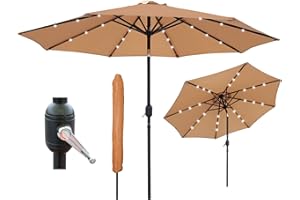 GlamHaus Garden Parasol Solar LED 2.7M,Tilting Table Umbrella with Crank Handle, Protection UV40, Includes Parasol Cover, Gardens and Patios - Sand, Grey, Cream, Green, Khaki