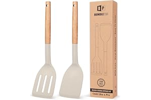 BUNDLEPRO Pack of 2 Silicone Cooking Spatula, Heat Resistant Solid Turner, Non Stick Slotted Spatulas with Wooden Handle,Ideal Wood Kitchen Utensils Set for Frying, Baking, Flipping, Turning