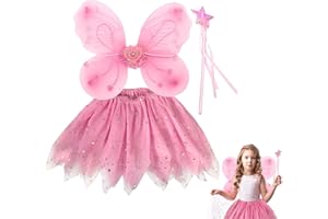 AffeGifts Fairy Wings Kids and Wand Set, Kids Butterfly Wings with Tutu Skirt Butterfly Costume Princess Fairy Costume for Girls Masquerade Birthday Party Costume 3-8 Years Old (Pink)