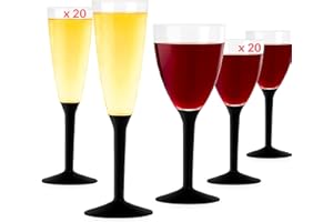 TABLE'COLORS Flutes Champagne Plastique (20) + Verres Plastique Reutilisable (20) - Gobelet, Verre a Pied Coloré - Design Idéal pour Anniversaire, Mariage, Noël - 100% Recyclable et Réutilisable (Noir)