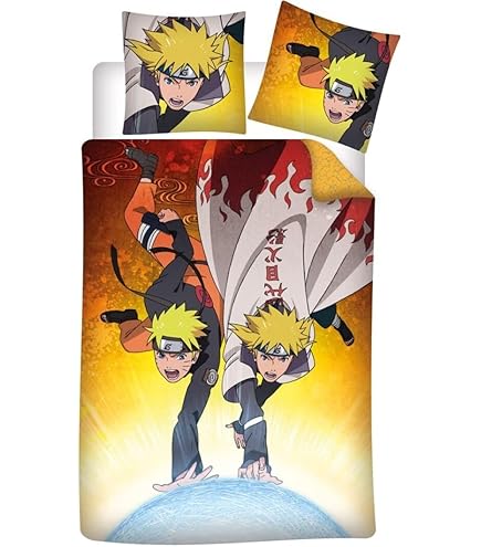 Aymax Naruto Shippuden - Parure da letto 100% cotone, copripiumino 140 x 200 cm + federa 65 x 65 cm, con Naruto e Sasuke