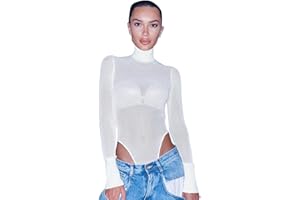 BKEPDY Damen Body Sexy Sheer Mesh Langarm Bodysuit Rollkragen Unterzieh-Body Stretch Elegant Langarmbody Jumpsuit T Shirt Overall für Frauen