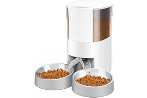 HONEYGUARIDAN Comedero Gato Automático, Dispensador de Comida con Doble Cuenco de Acero Inoxidable, Horario Programable, Pantalla LCD, Grabación 10S, 1-6 Comidas al Día, Fuente de Alimentación Dual, 4,5L