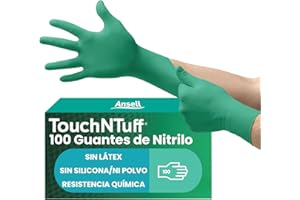 TOUCH N TUFF Ansell TouchNTuff 92-600 Guantes Desechables de Nitrilo, Sin Polvo, Alta Protección Química y Mecánica, Seguridad Alimentaria, Guantes Multiusos Profesionales, Verde, Talla L (100 Guantes)