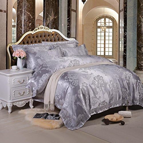 CELO Upscale Cotton European style Jacquard bed linings 4 Piece Tribute satin luxurious Bed sheets quilt 1 Duvet Cover 1 Bedsheet 2 Pillowcases , Gray , full