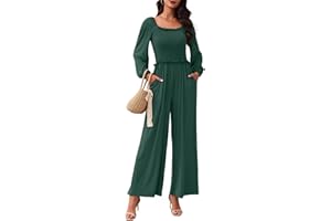 Tanou Jumpsuit Damen Elegant Gesmoktes Langarm Oberteil Weites Bein mit Taschen Einteiler Set Stretch Lässig Leicht Overall Herbst Outfits